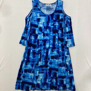 Susan Graver size 2X Blue Black Abstract Cold Shoulder Stretch Liquid Knit Dress